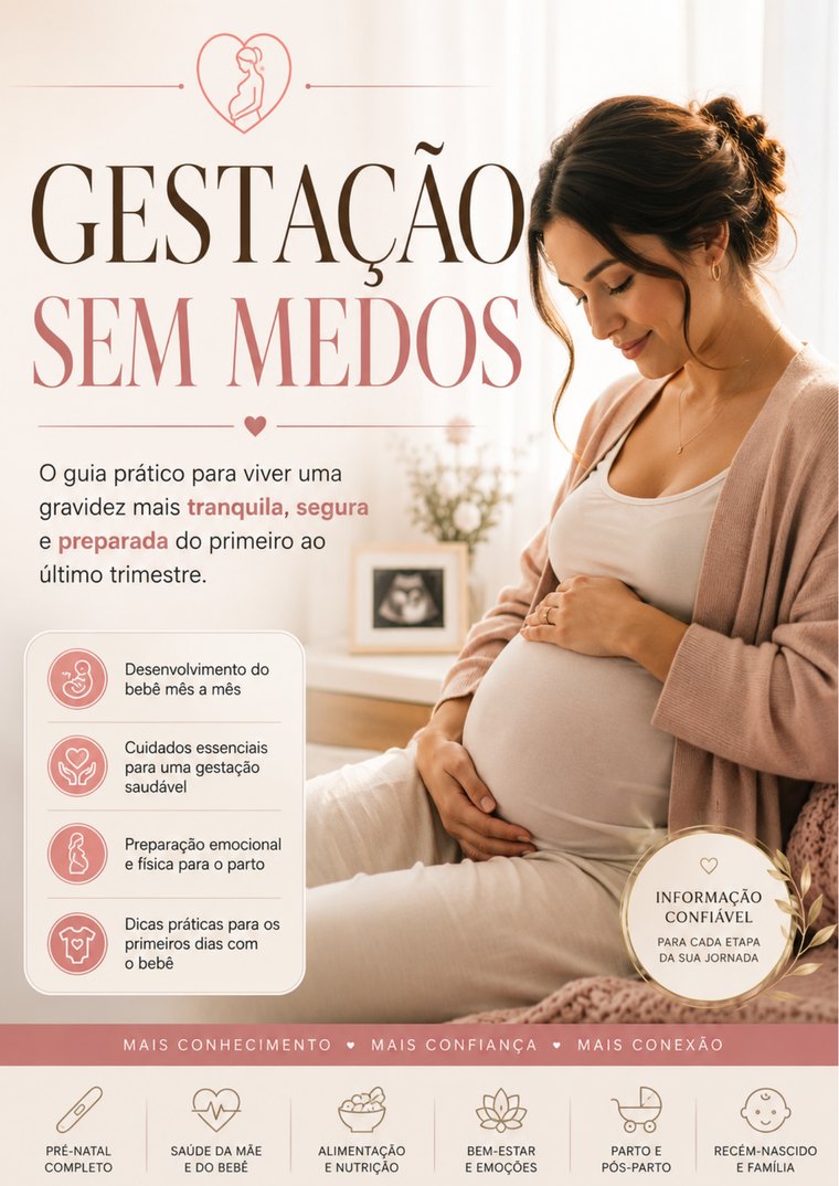 Capa do e-book Gestação Sem Medos, com uma gestante sentada acariciando a barriga